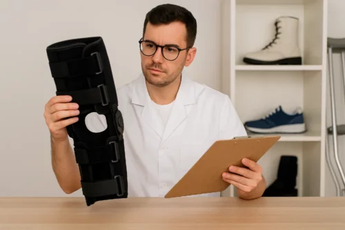 Tecnico che valuta un tutore ortopedico usato